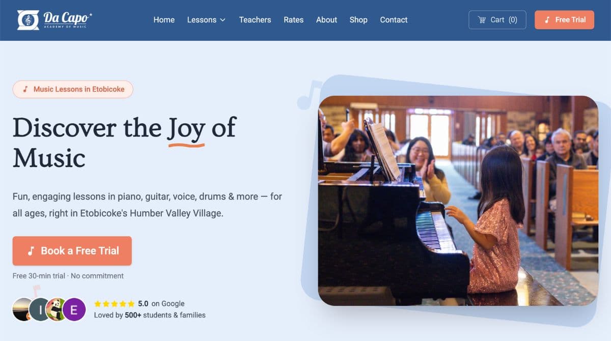 music school small business website screenshot